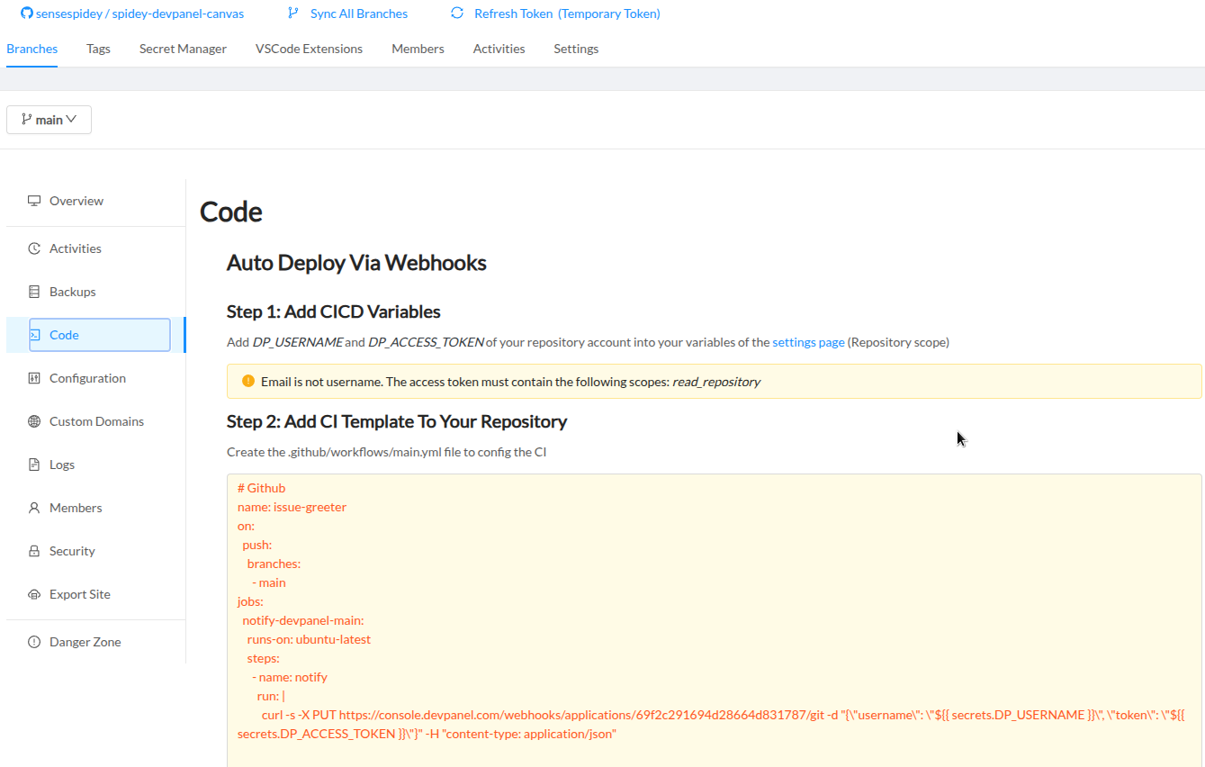 CI workflow code configuration