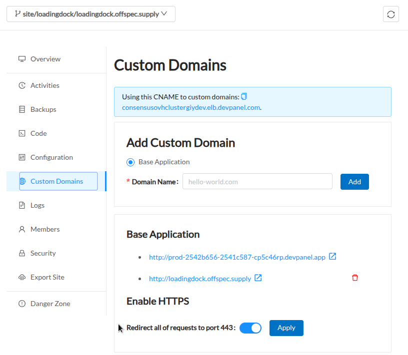 Custom domain configured on deployed branch