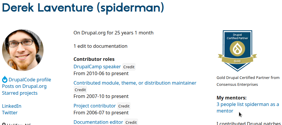 Screenshot of drupal.org profile for Derek Laventure (username spiderman).